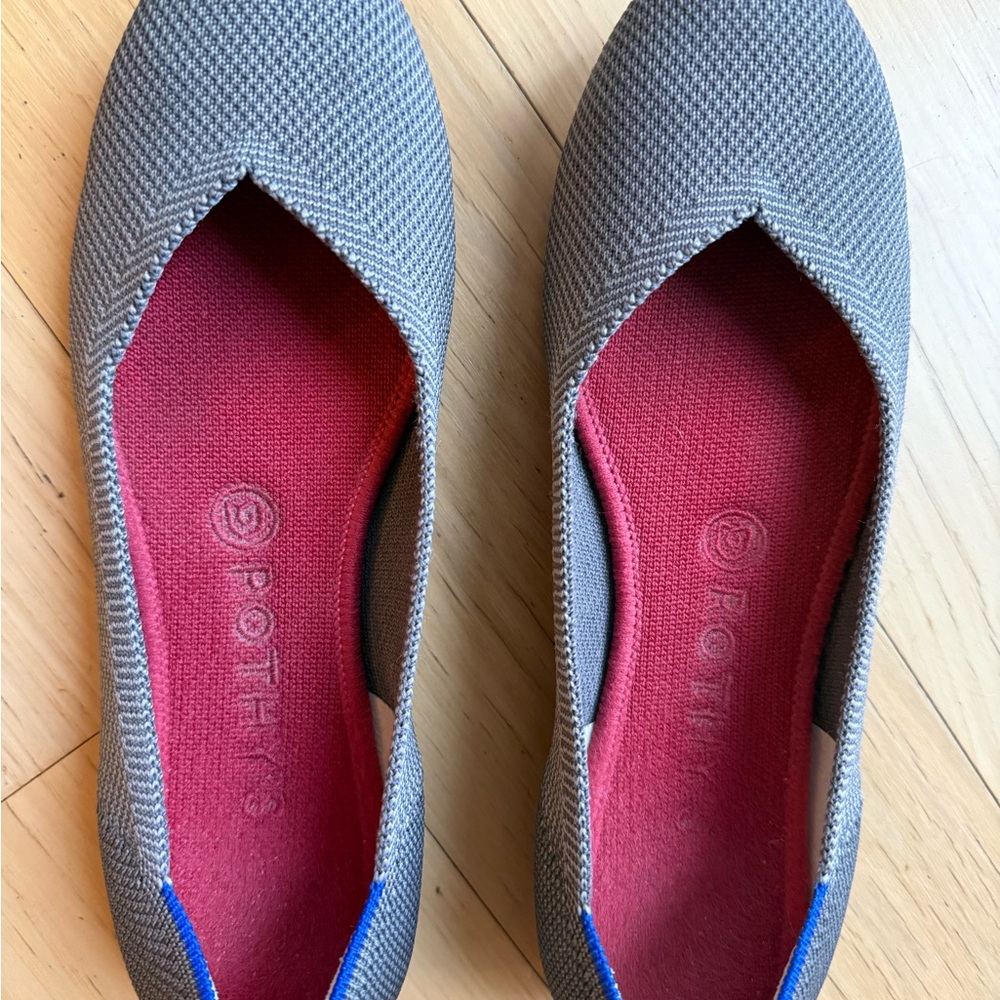 Rothy's Gray and Blue Flats with red Insole